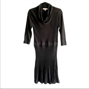 ELLEN TRACY knit cotton cowl neck midi dress pleated flare bottom Black S